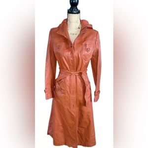 Vintage 70s Leather Hooded Trench Coat With Belt Orange Size 7-8 Medium